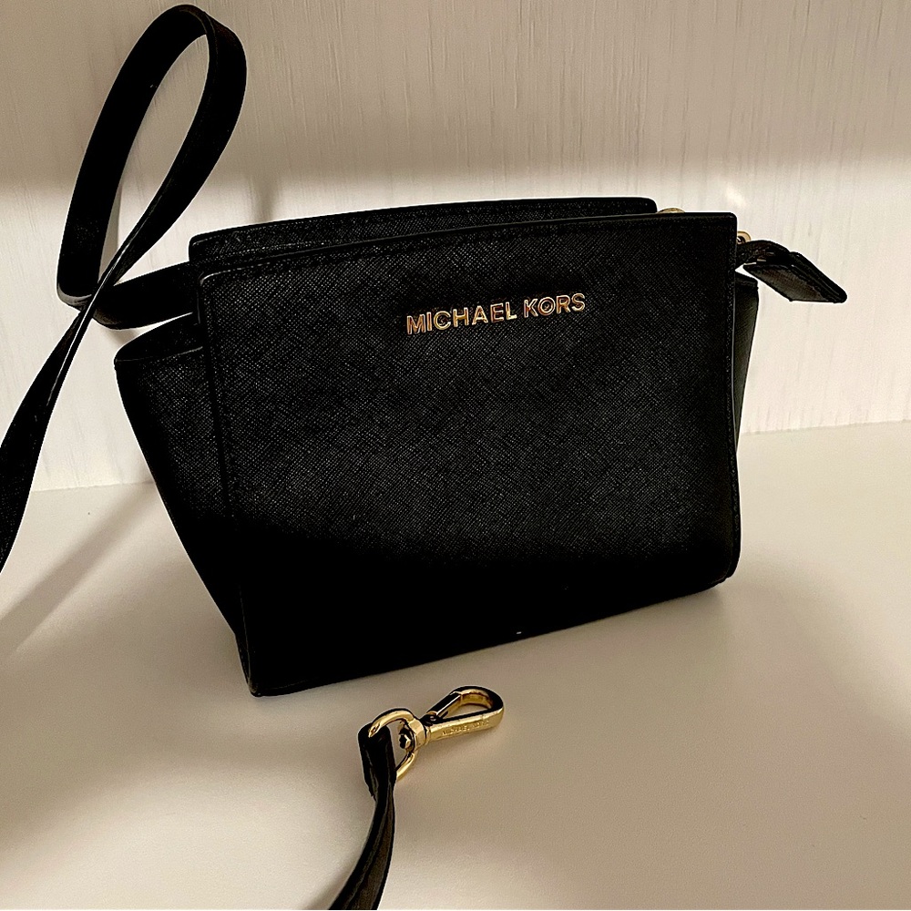 MK mini-purse cross body or clutch, gold detail, pebbled leather